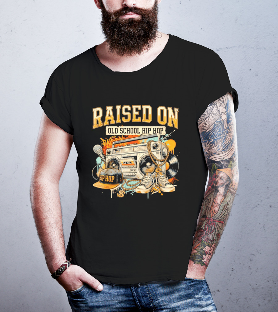 Raised On Old School Hip Hop Boombox Sneakers Microphone Cap Vinyl T-Shirt