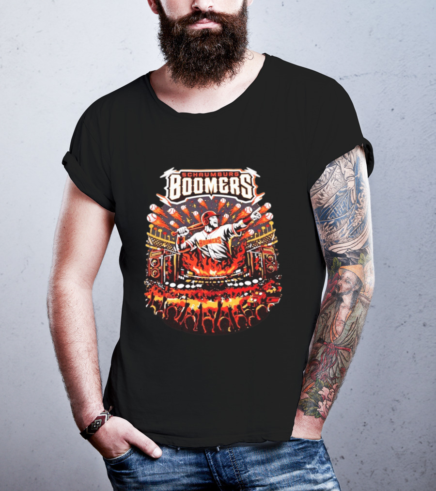Schaumburg Boomers Flaming Baseball Batter Stadium Fireworks T-Shirt
