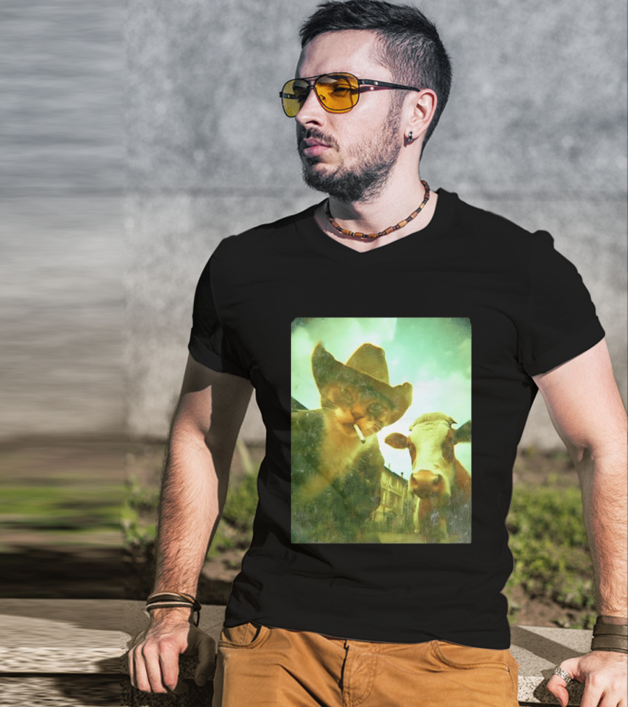 Cowboy Cat Smoking With Cow T-Shirt