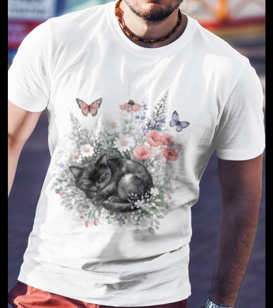 Black Cat Surrounded By Vibrant Flowers And Butterflies T-Shirt