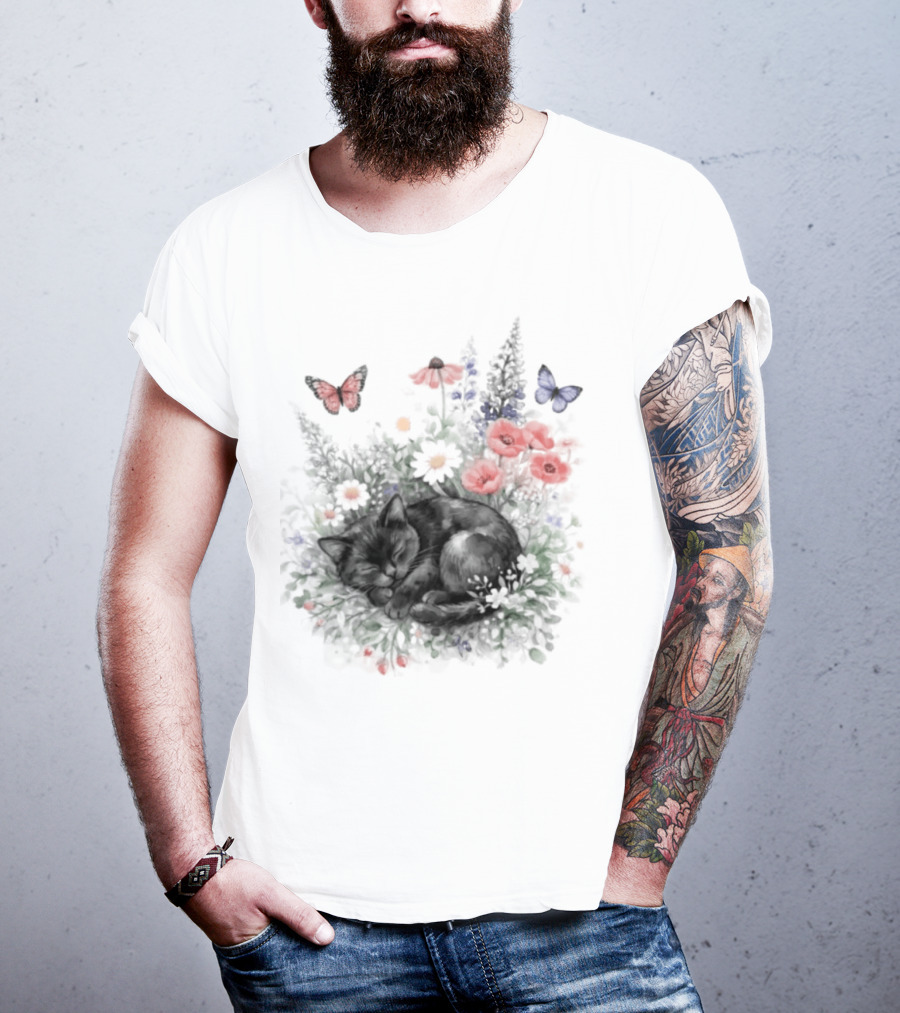 Black Cat Surrounded By Vibrant Flowers And Butterflies T-Shirt