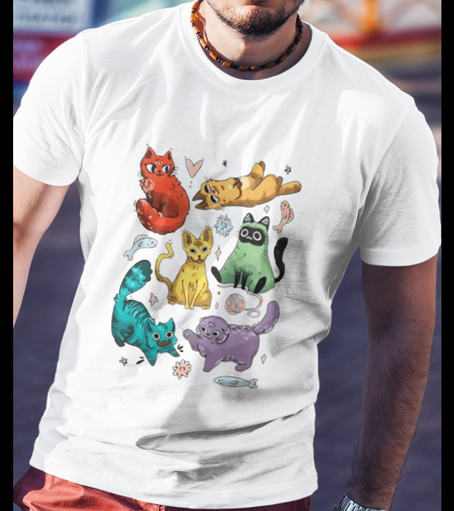 Whimsical Colorful Cats And Rainbow Hearts Collage T-Shirt