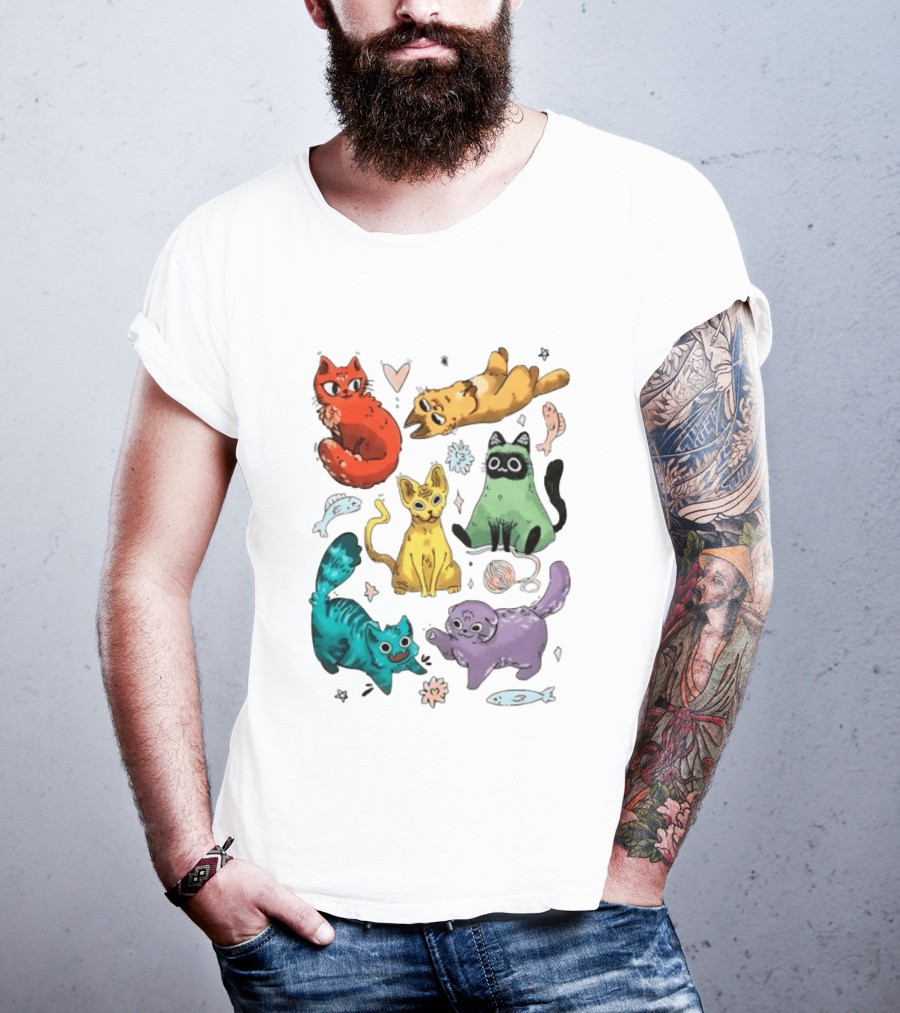 Whimsical Colorful Cats And Rainbow Hearts Collage T-Shirt