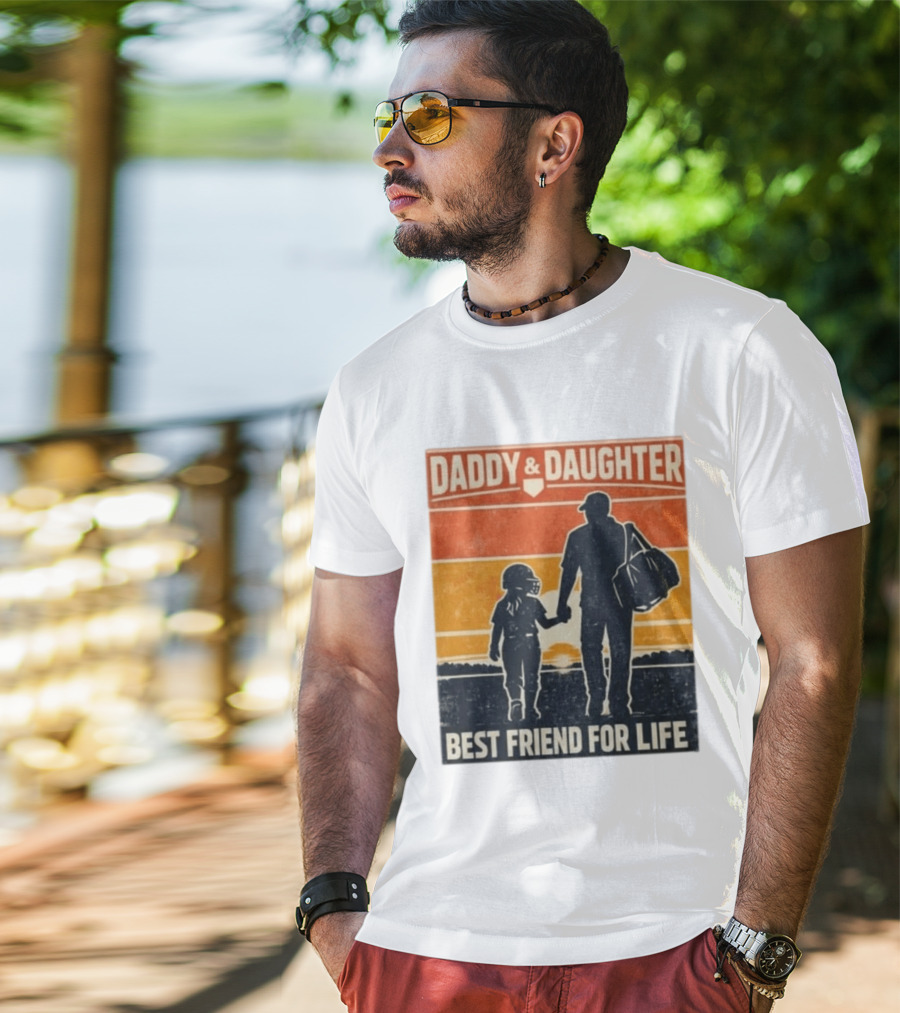Daddy & Daughter Best Friend For Life Baseball Softball Silhouette Retro Sunset T-Shirt