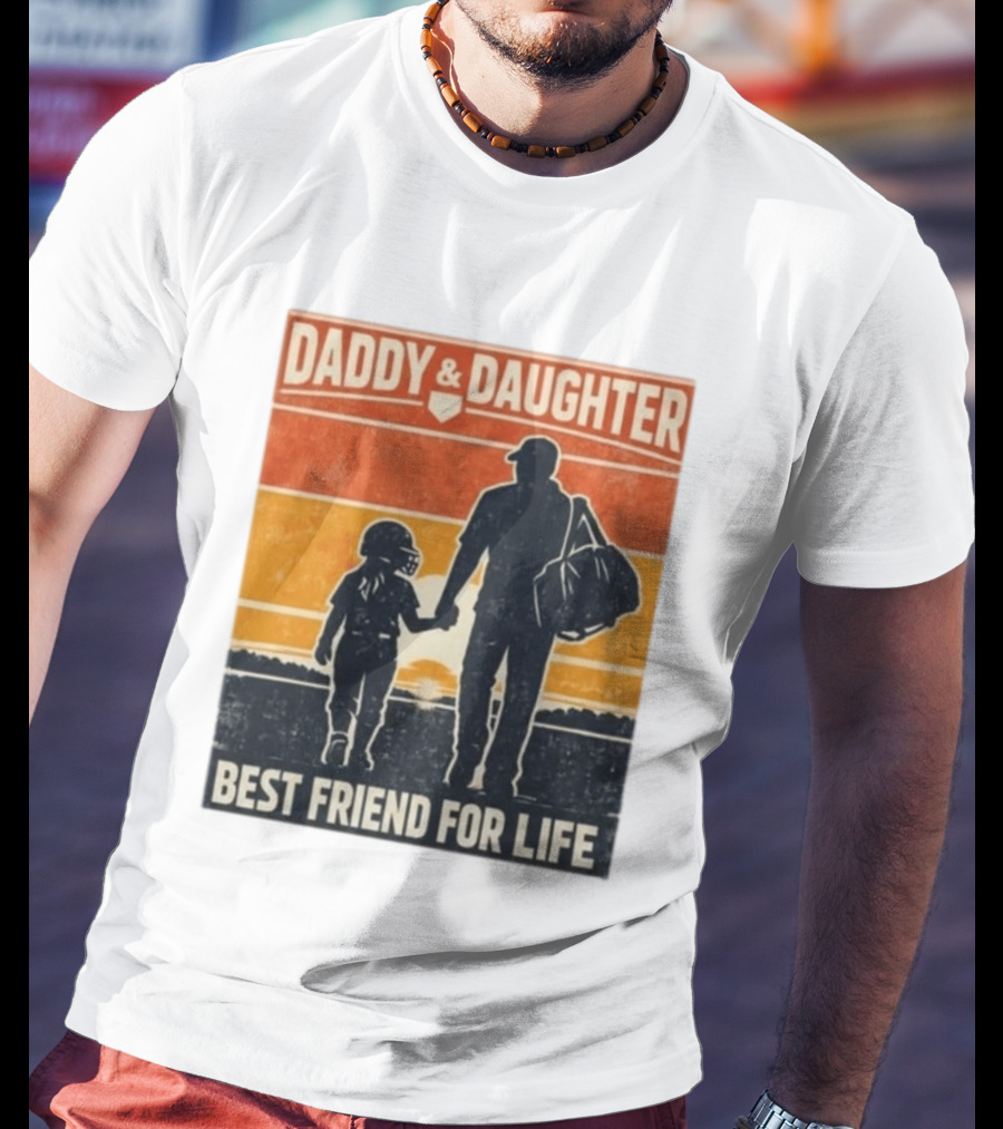 Daddy & Daughter Best Friend For Life Baseball Softball Silhouette Retro Sunset T-Shirt