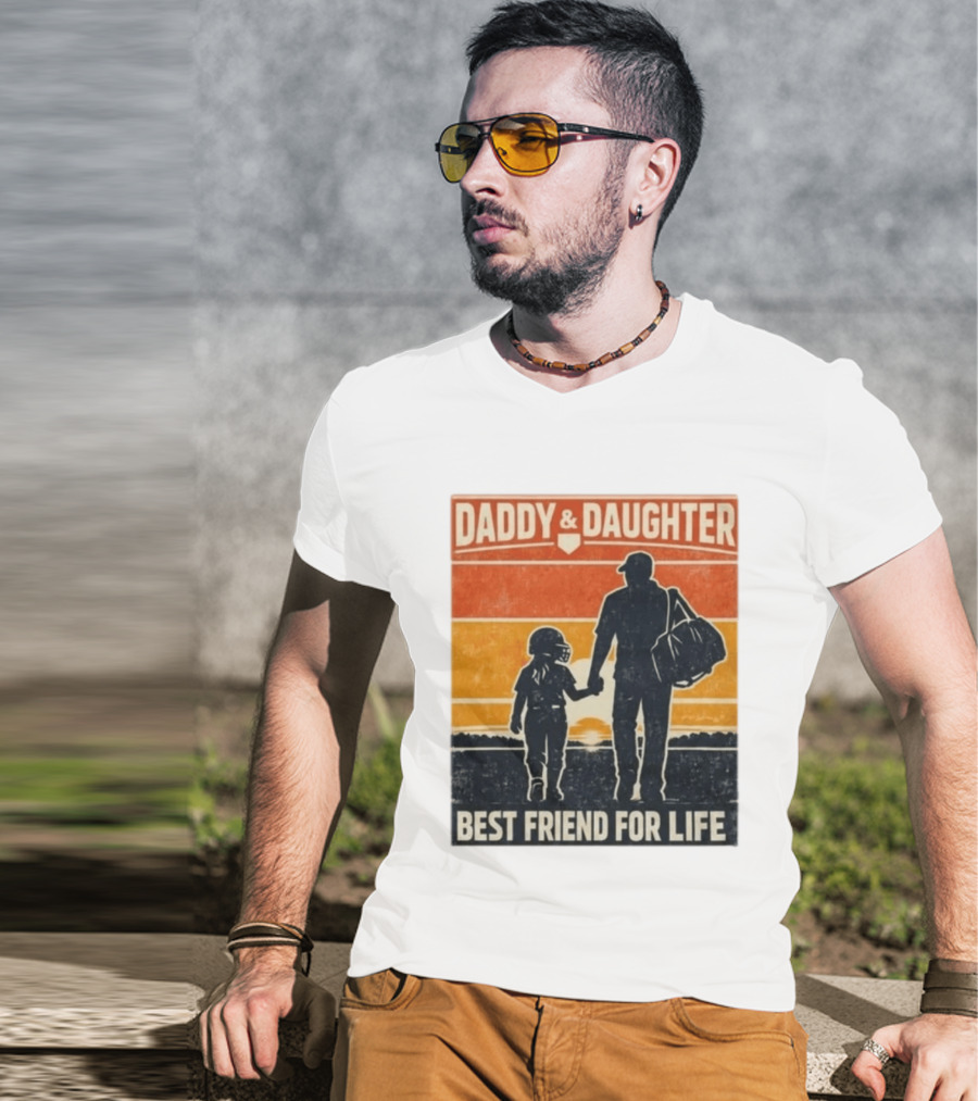 Daddy & Daughter Best Friend For Life Baseball Softball Silhouette Retro Sunset T-Shirt