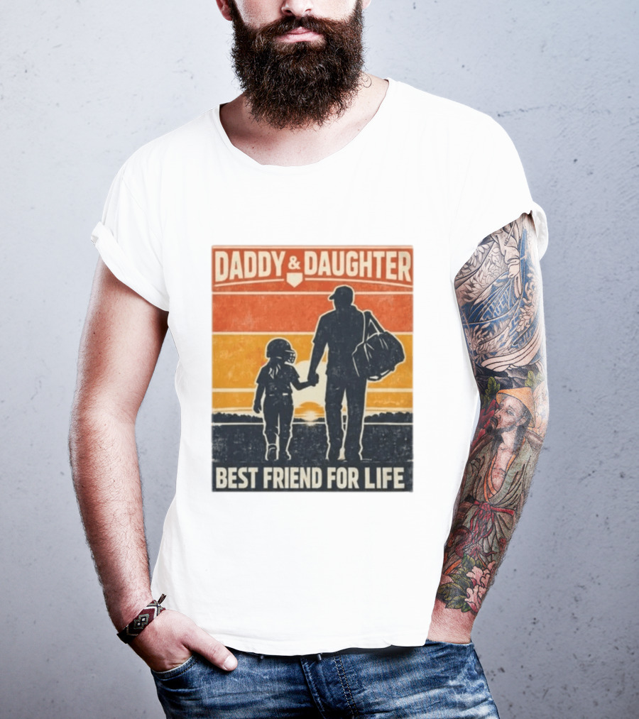 Daddy & Daughter Best Friend For Life Baseball Softball Silhouette Retro Sunset T-Shirt