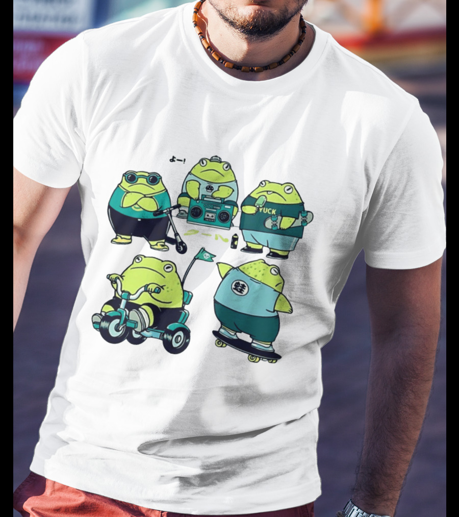 Frog Riding Scooter Tricycle Skateboard Boombox Summer Fun T-Shirt
