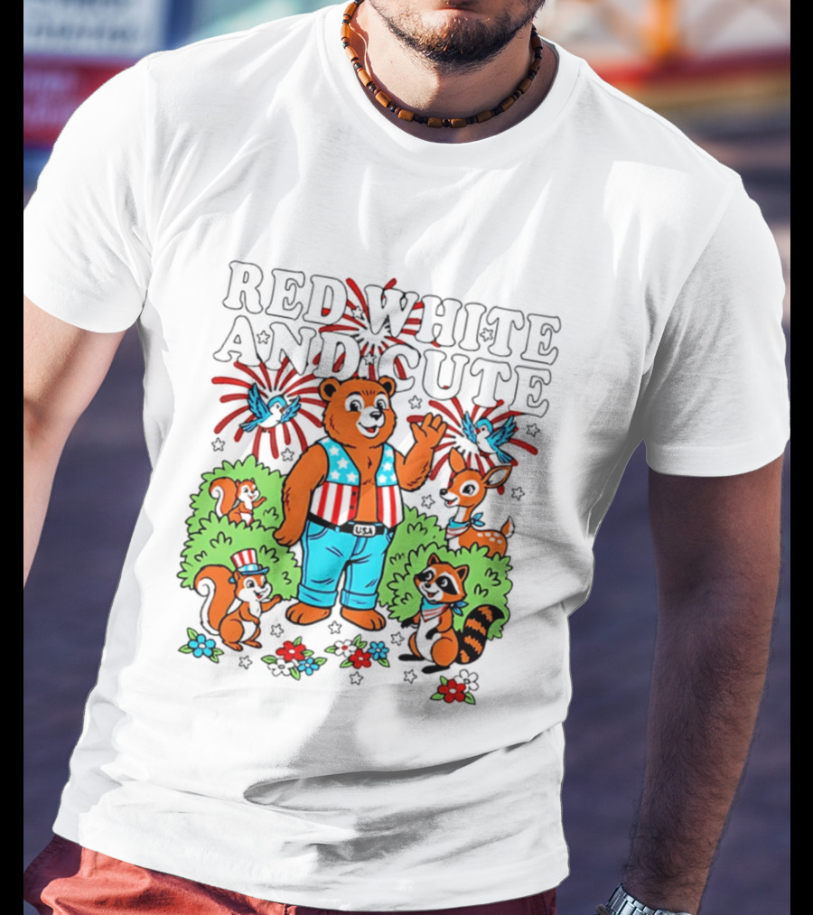 Red White And Cute Bear Raccoon Squirrel Peanuts T-Shirt