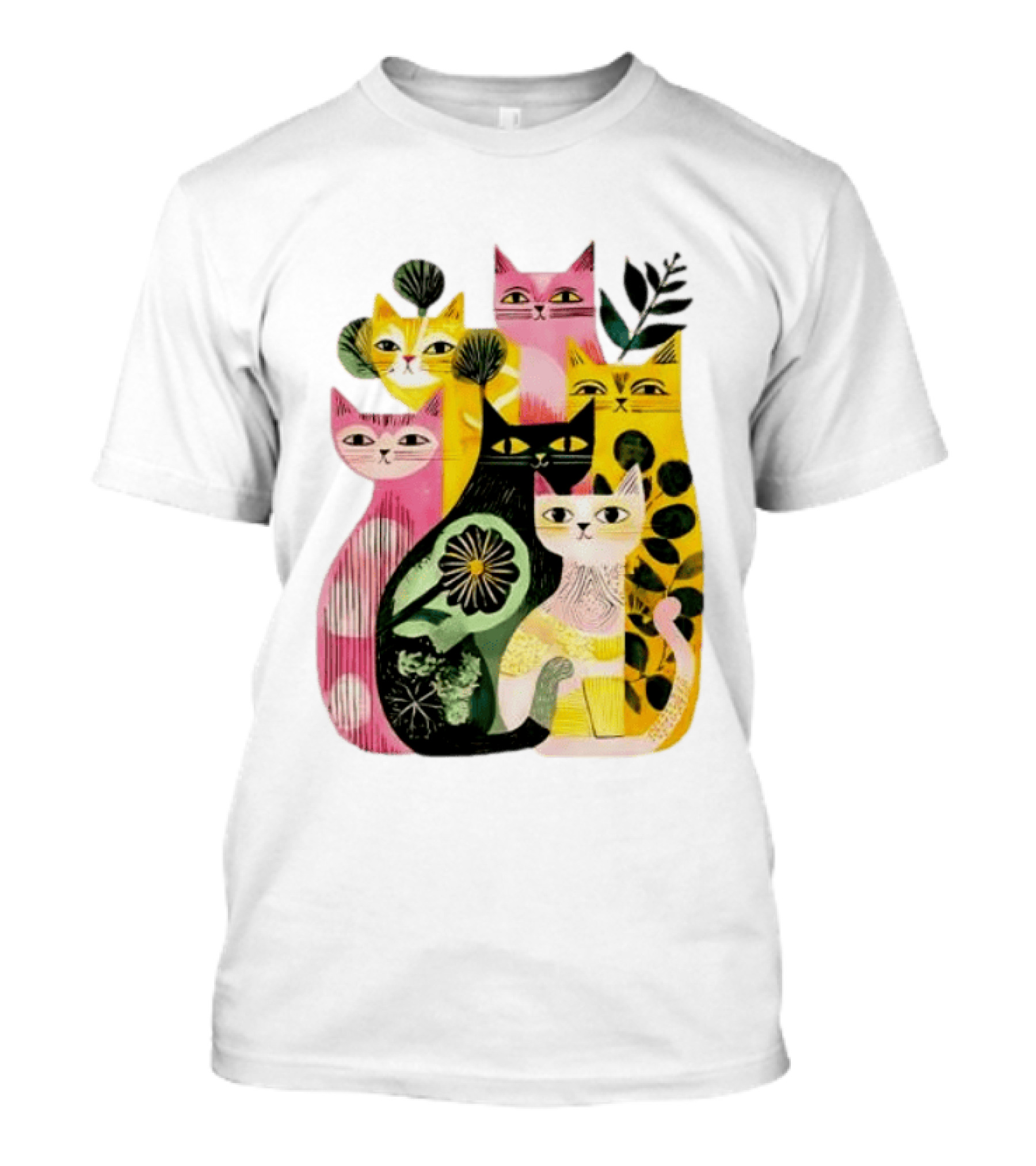 Vibrant Stylized Cats Botanical Foliage Whimsical T-Shirt