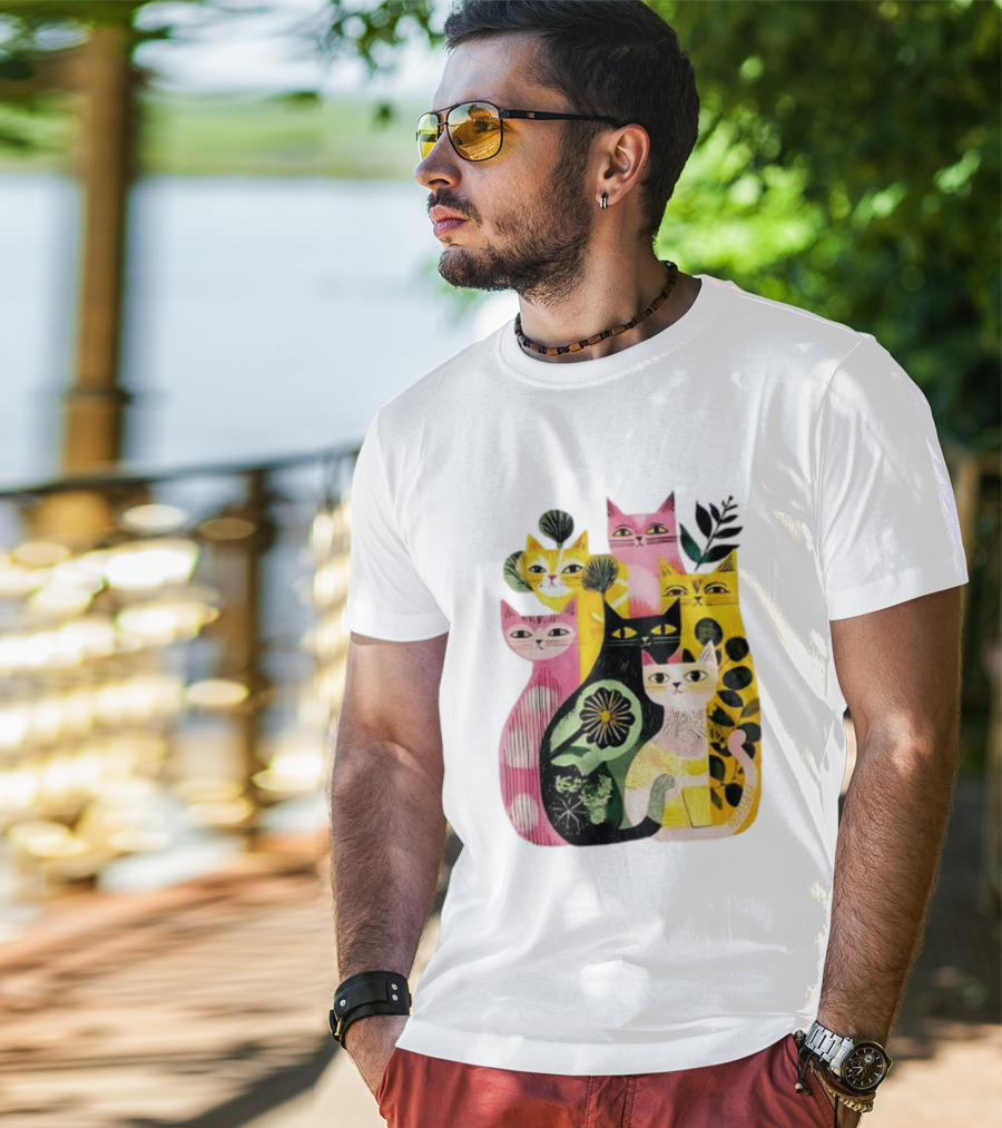 Vibrant Stylized Cats Botanical Foliage Whimsical T-Shirt