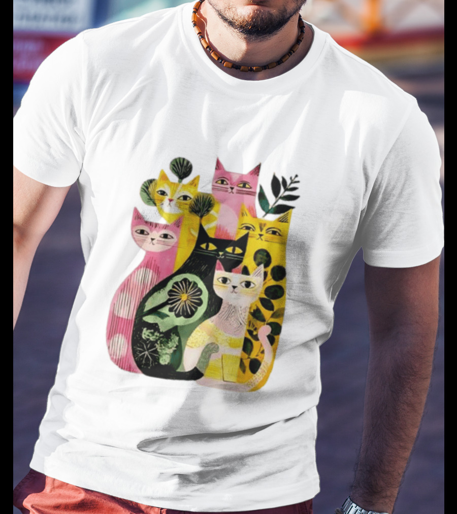 Vibrant Stylized Cats Botanical Foliage Whimsical T-Shirt