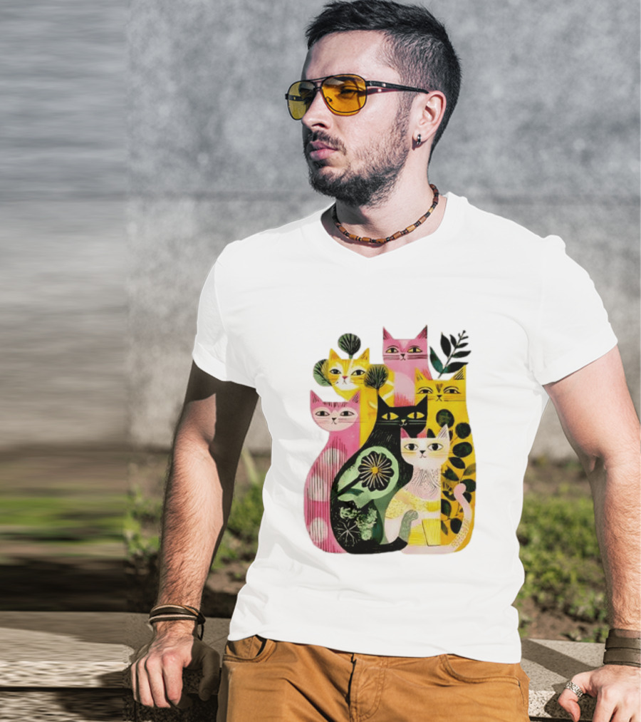 Vibrant Stylized Cats Botanical Foliage Whimsical T-Shirt