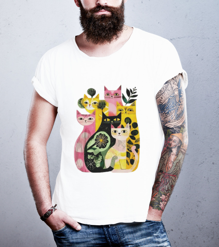 Vibrant Stylized Cats Botanical Foliage Whimsical T-Shirt