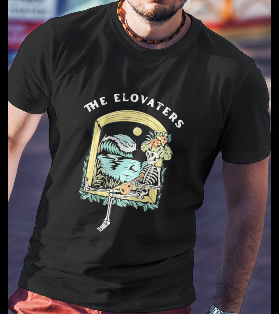 The Elovaters Endless Summer Skeleton Surfing Ukulele Moonlight Scene T-Shirt