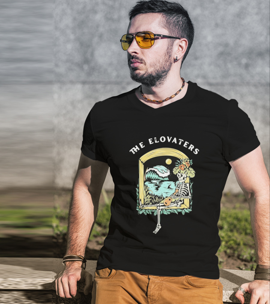 The Elovaters Endless Summer Skeleton Surfing Ukulele Moonlight Scene T-Shirt