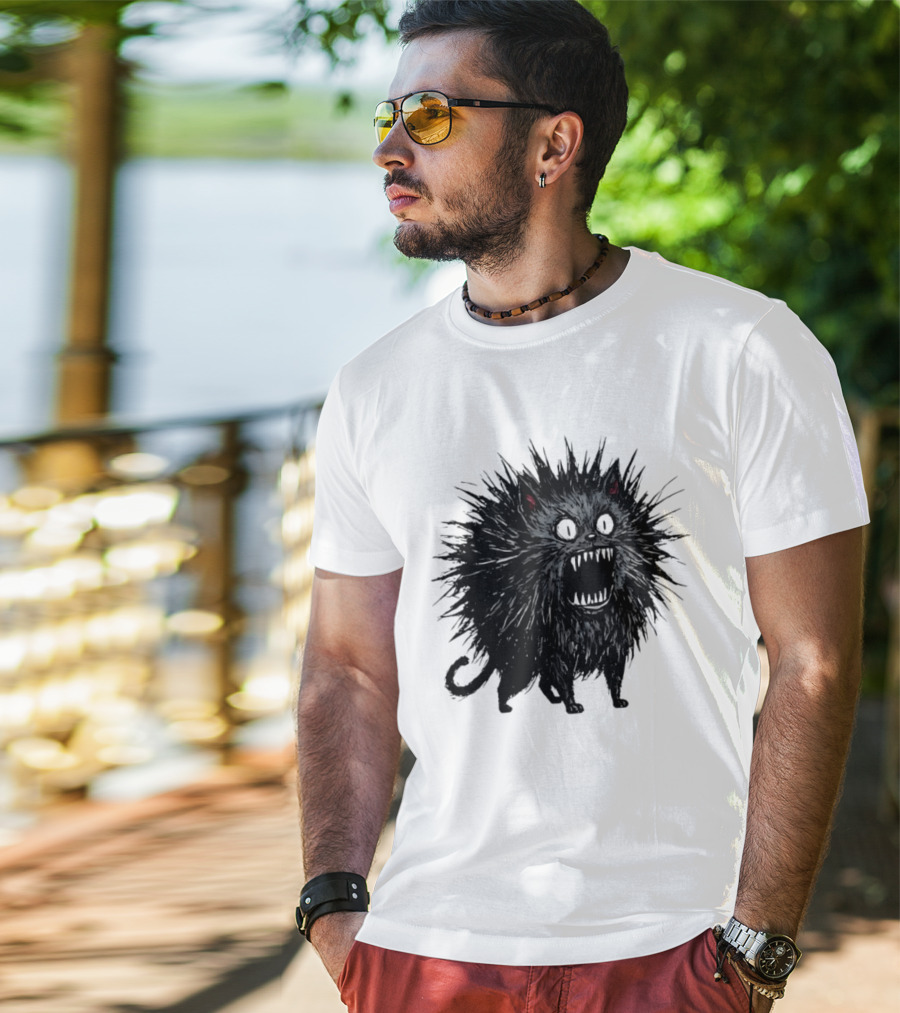 Angry Spiky Black Cat Meme Wild Expression T-Shirt