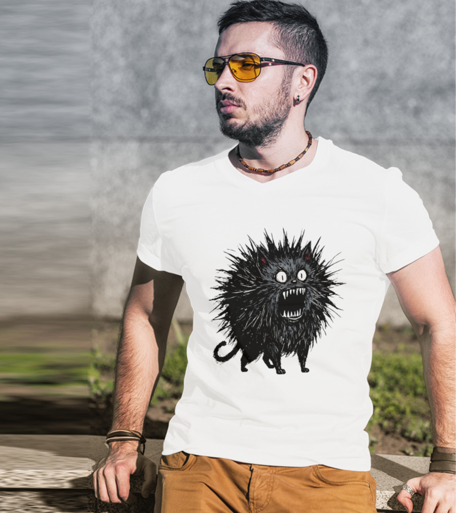 Angry Spiky Black Cat Meme Wild Expression T-Shirt