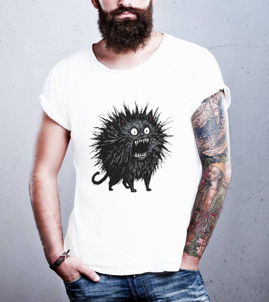 Angry Spiky Black Cat Meme Wild Expression T-Shirt