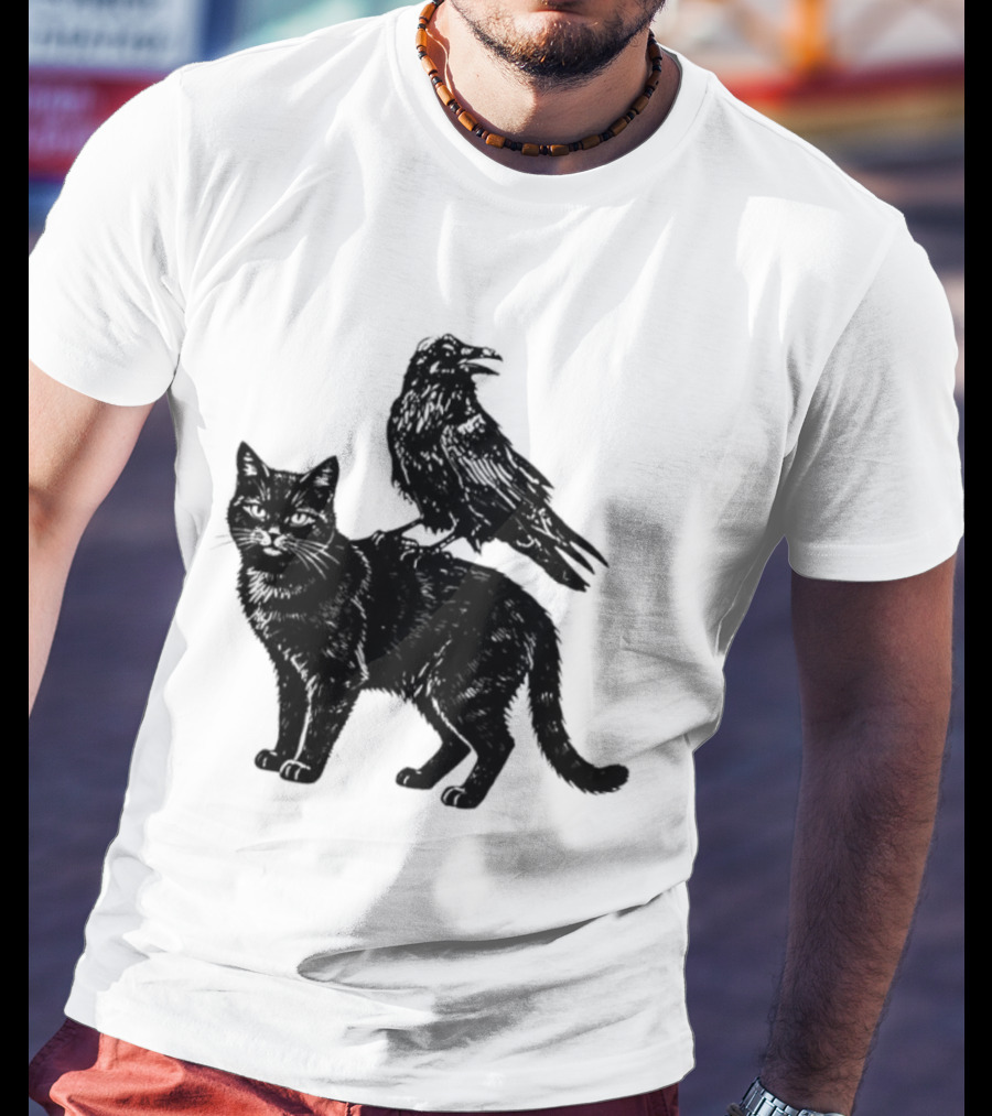 Black Cat And Raven Silhouette Duo T-Shirt