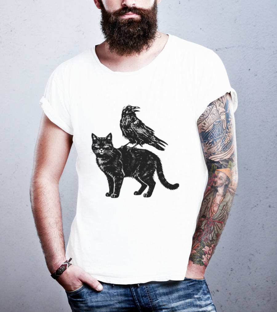 Black Cat And Raven Silhouette Duo T-Shirt