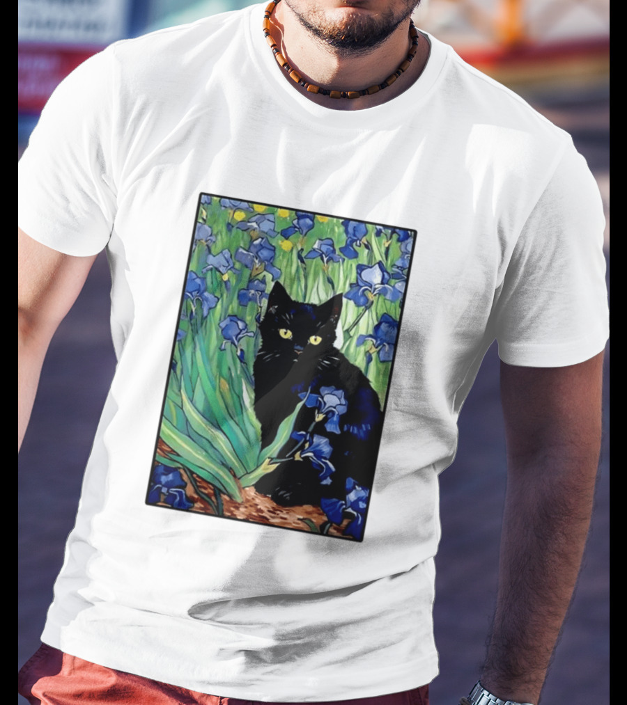 Black Cat With Van Gogh Irises Painting T-Shirt