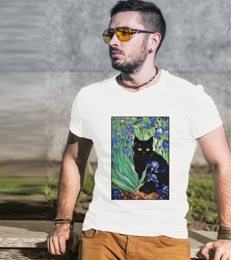 Black Cat With Van Gogh Irises Painting T-Shirt