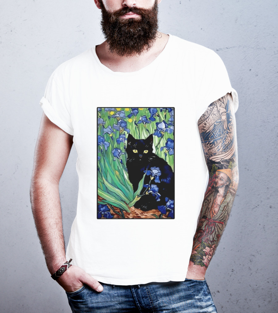 Black Cat With Van Gogh Irises Painting T-Shirt