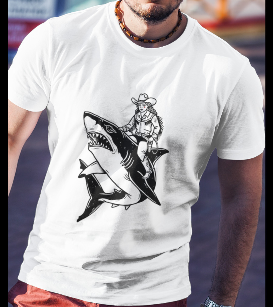 Cowgirl Riding Shark Novelty T-Shirt