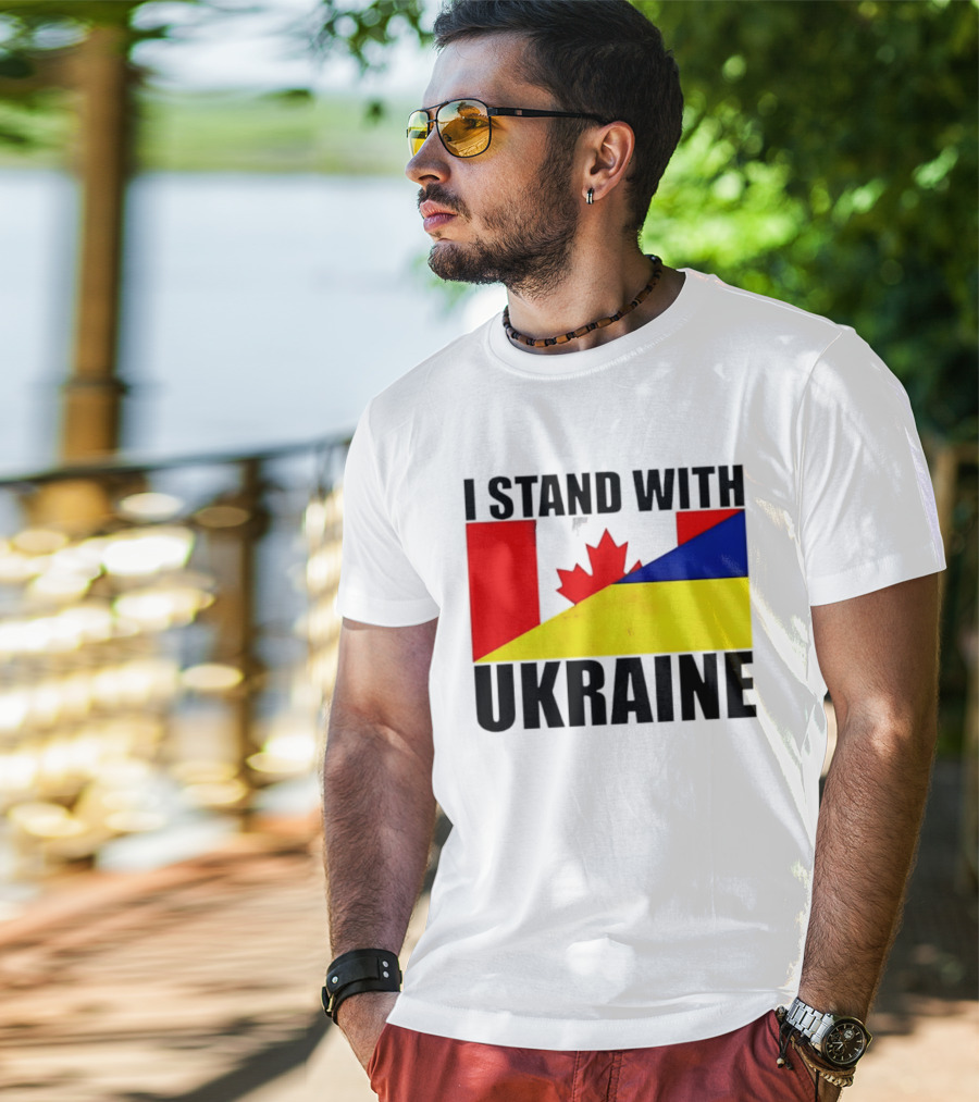 I Stand With Ukraine Canada Flag Maple Leaf Yellow Blue T-Shirt