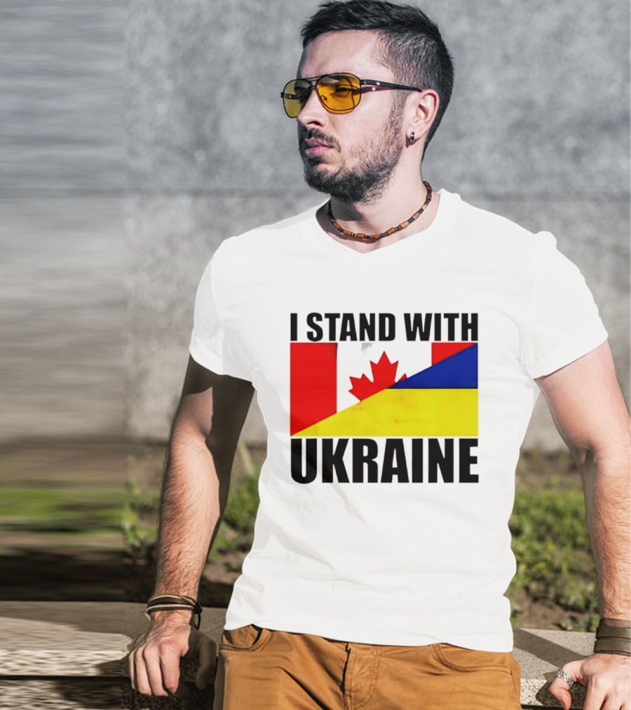 I Stand With Ukraine Canada Flag Maple Leaf Yellow Blue T-Shirt