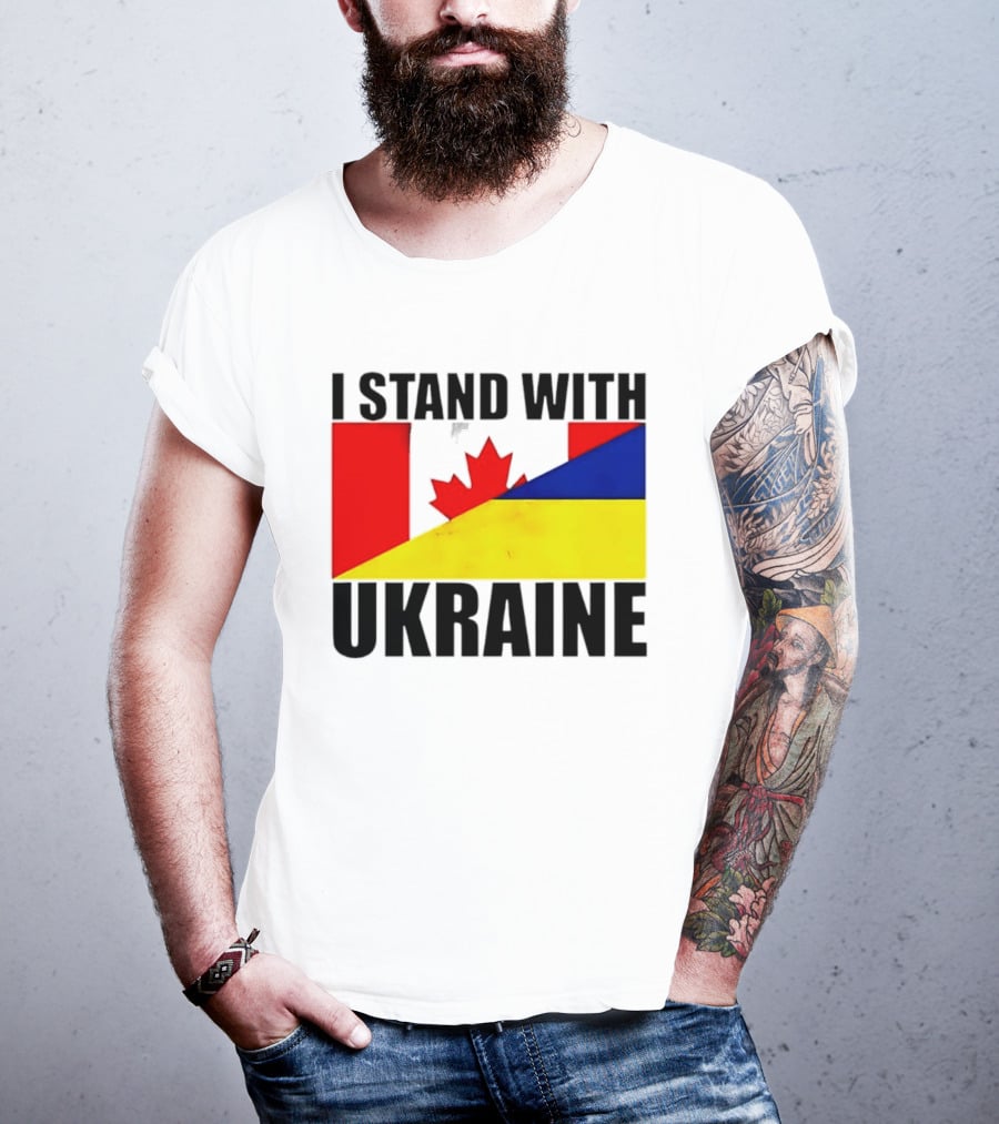 I Stand With Ukraine Canada Flag Maple Leaf Yellow Blue T-Shirt