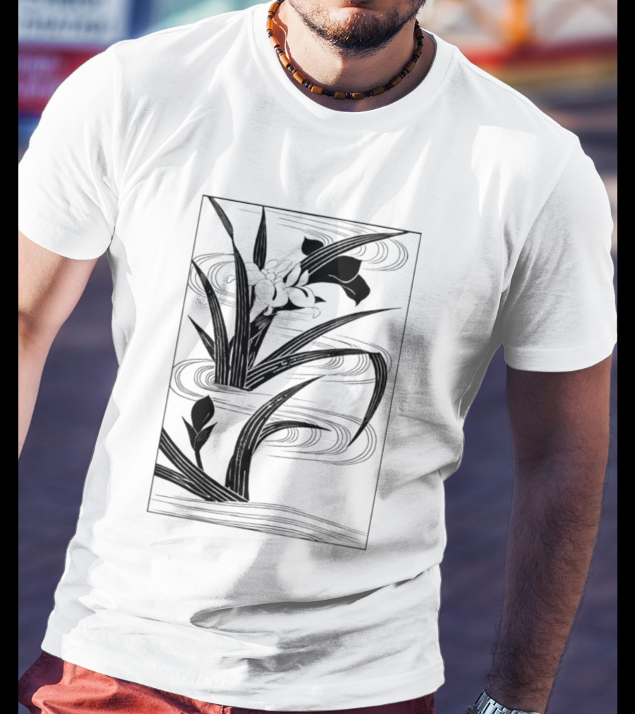 Japanese Black And White Irises In Water With Flowing Waves T-Shirt