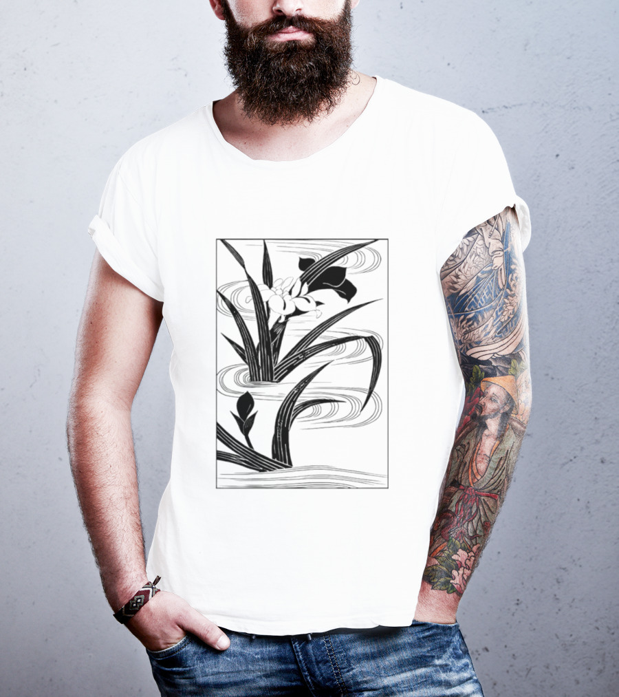 Japanese Black And White Irises In Water With Flowing Waves T-Shirt
