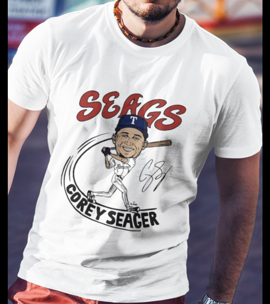 Seags Corey Seager Texas Rangers Slugger Swing Caricature T-Shirt