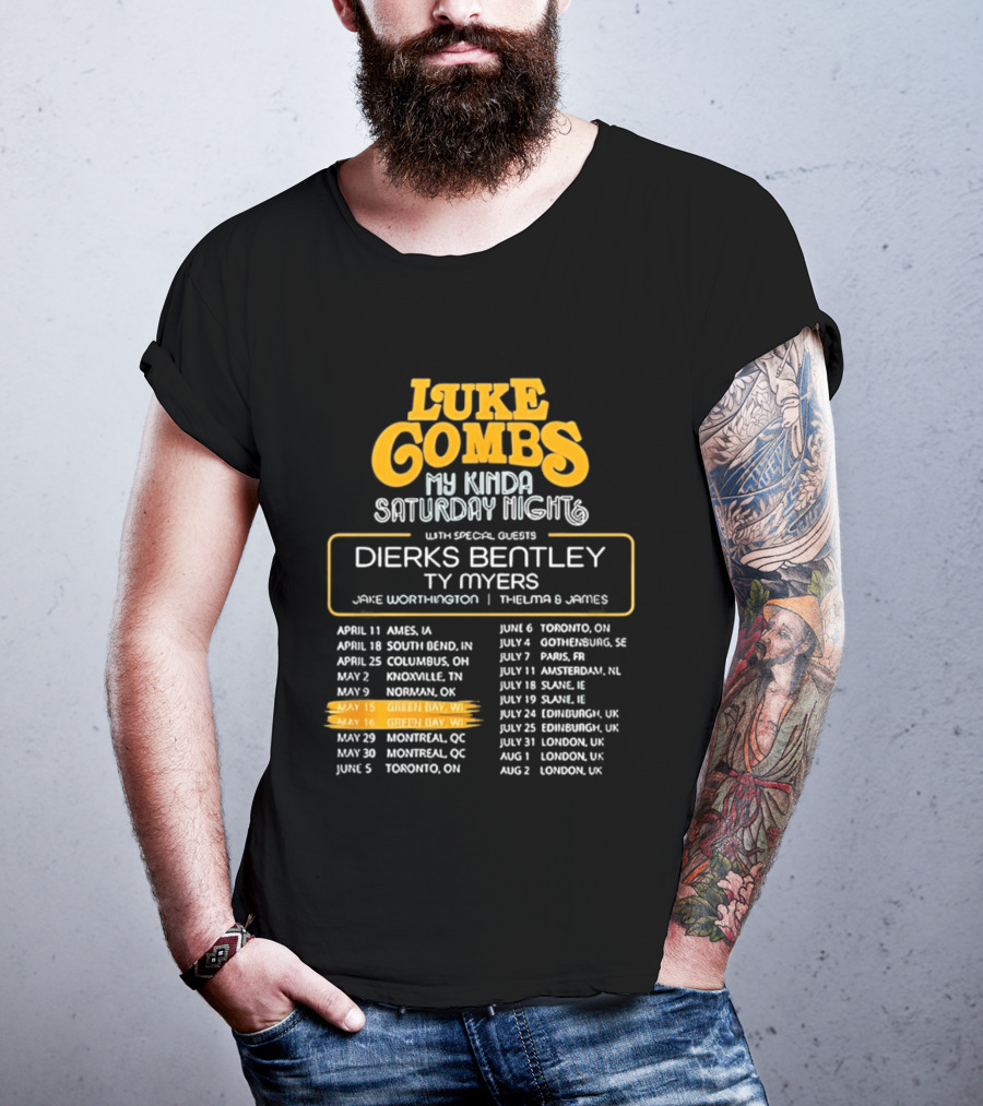 Luke Combs My Kinda Saturday Night Tour 2026 Green Bay Featuring Dierks Bentley T-Shirt
