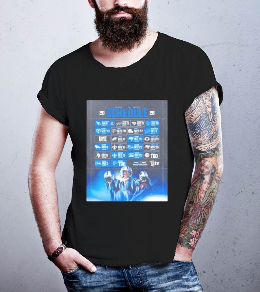 Carolina Panthers 2026 Game Schedule With Player Imagery And Opponent Logos T-Shirt
