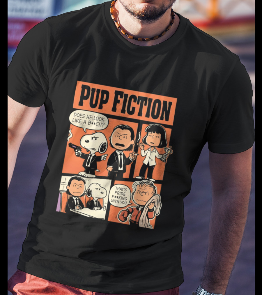Pup Fiction Peanuts And Pulp Fiction Characters Mashup T-Shirt