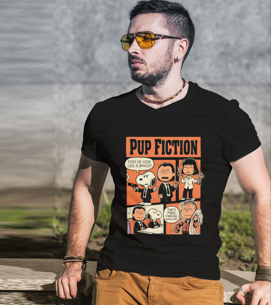Pup Fiction Peanuts And Pulp Fiction Characters Mashup T-Shirt