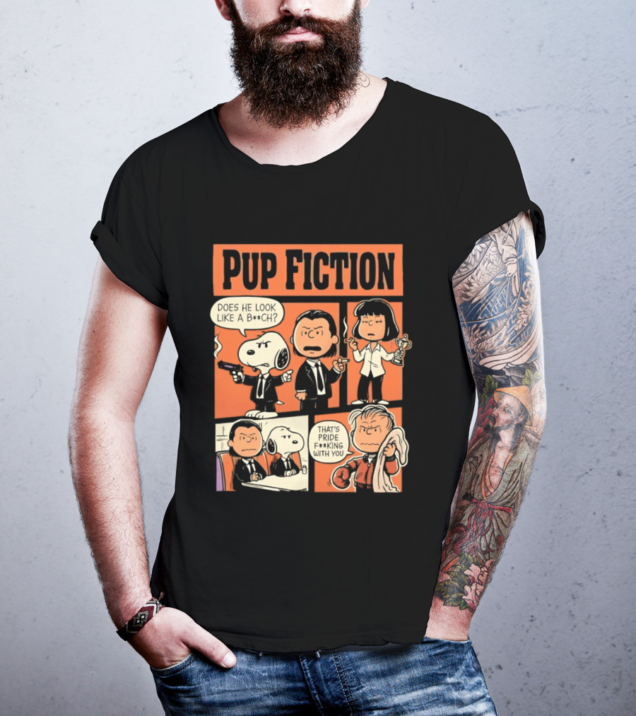 Pup Fiction Peanuts And Pulp Fiction Characters Mashup T-Shirt
