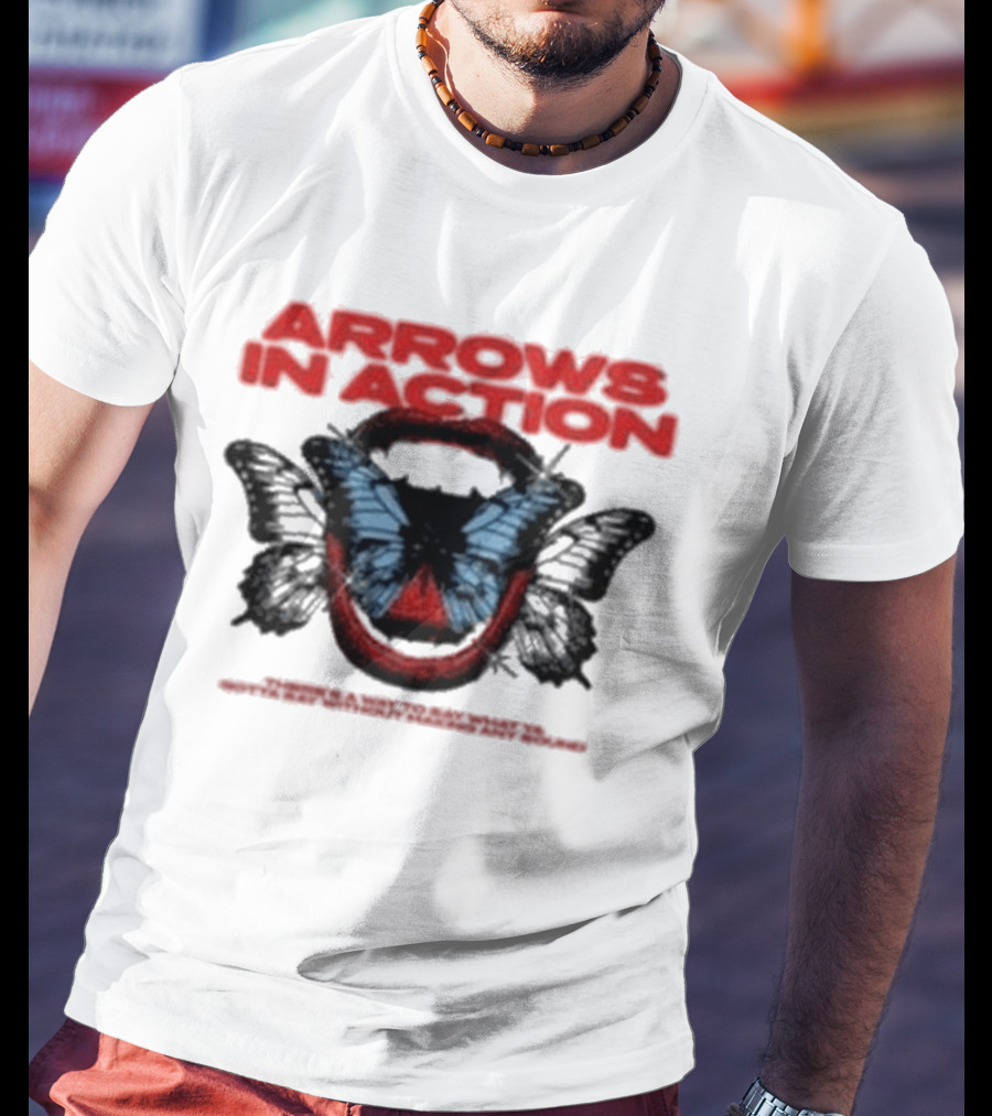 Arrows In Action Red Text Blue Butterfly T-Shirt