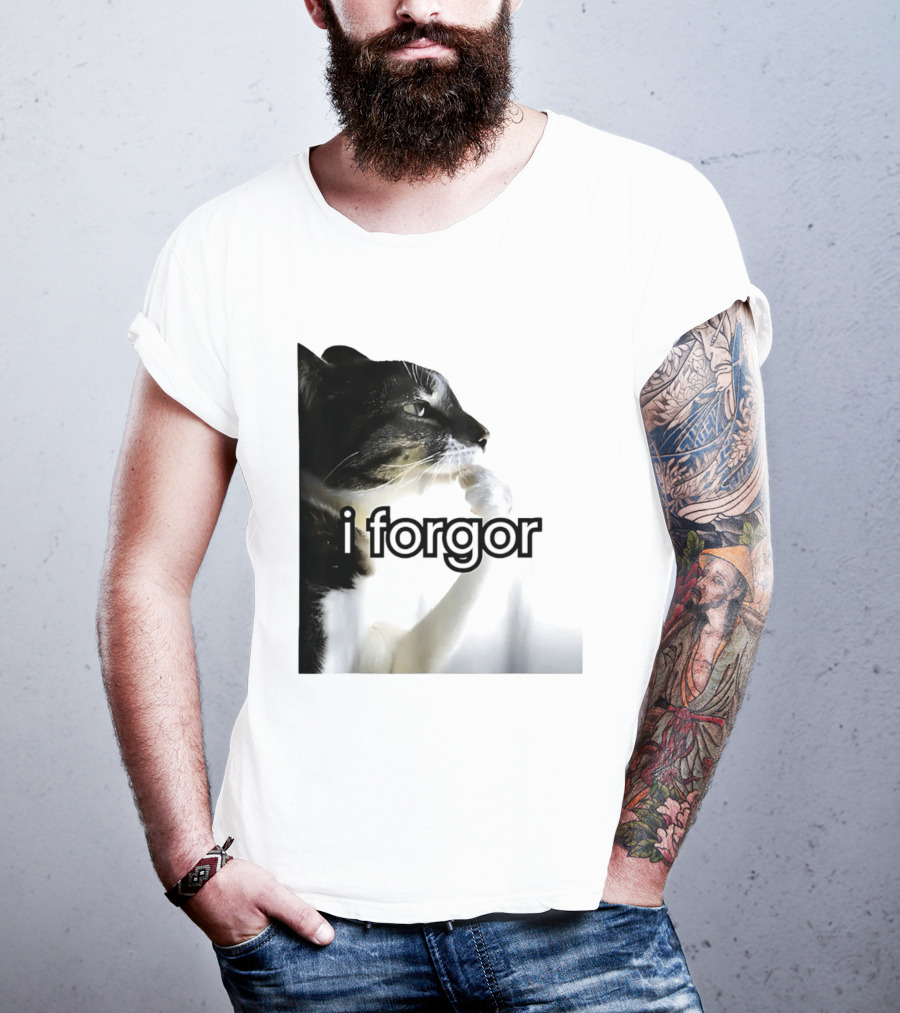 Cat I Forgor Meme Digital Image Paw Licking Pensive Moment T-Shirt