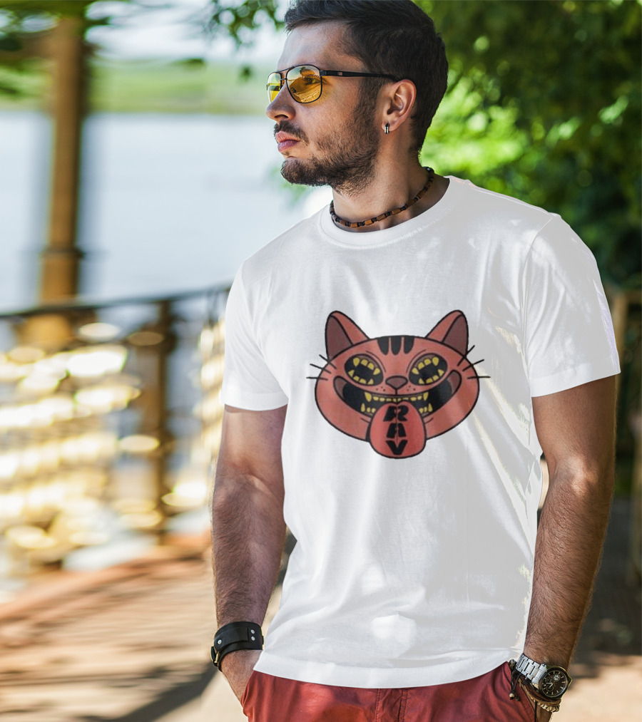 Exociety Rav Cat Tongue Out Face Graphic Urban Streetwear T-Shirt