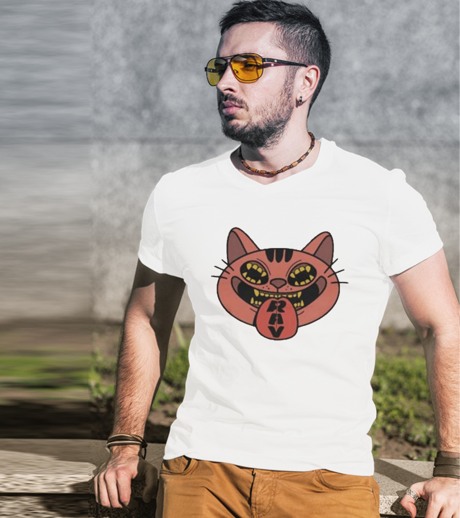 Exociety Rav Cat Tongue Out Face Graphic Urban Streetwear T-Shirt