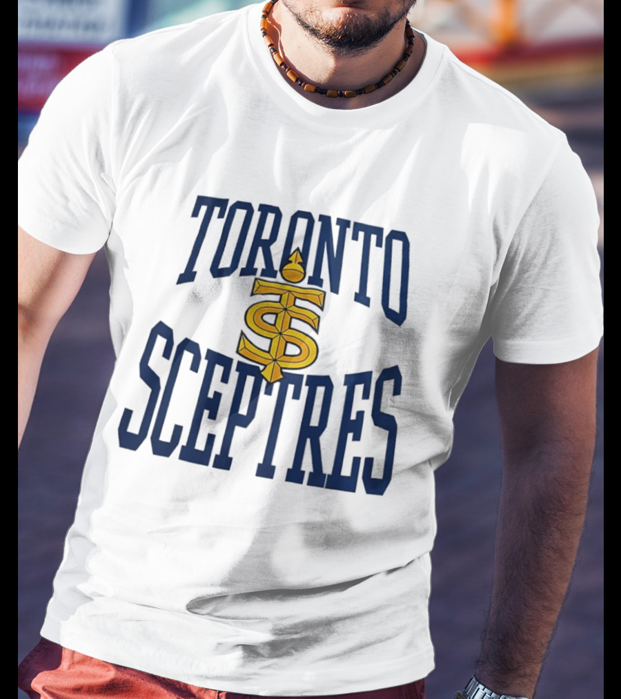 Toronto Sceptres Sports Team Logo Icon With Gold Emblem And Blue T-Shirt
