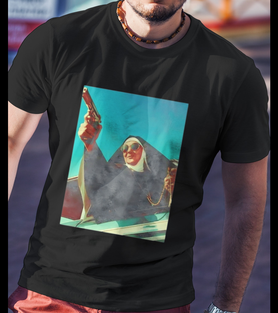 Nun In Black Habit Leaning Out Lowrider With Gun And Rosary T-Shirt