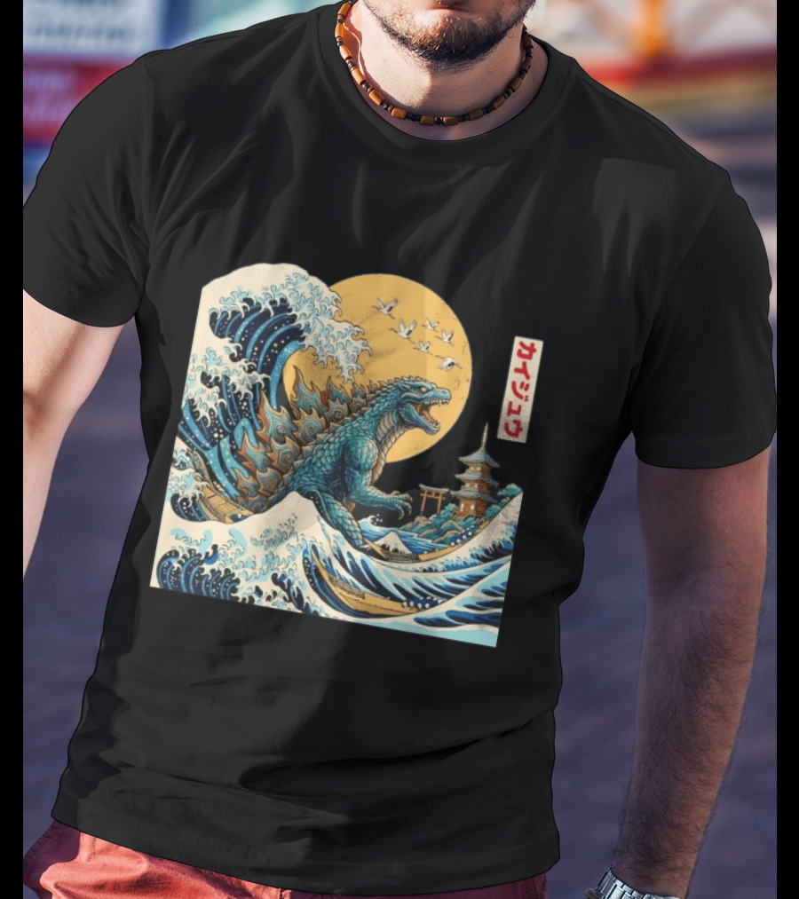 Kaiju Wave Monster Japanese Kawaki Kanji Pagoda Ukiyo E T-Shirt