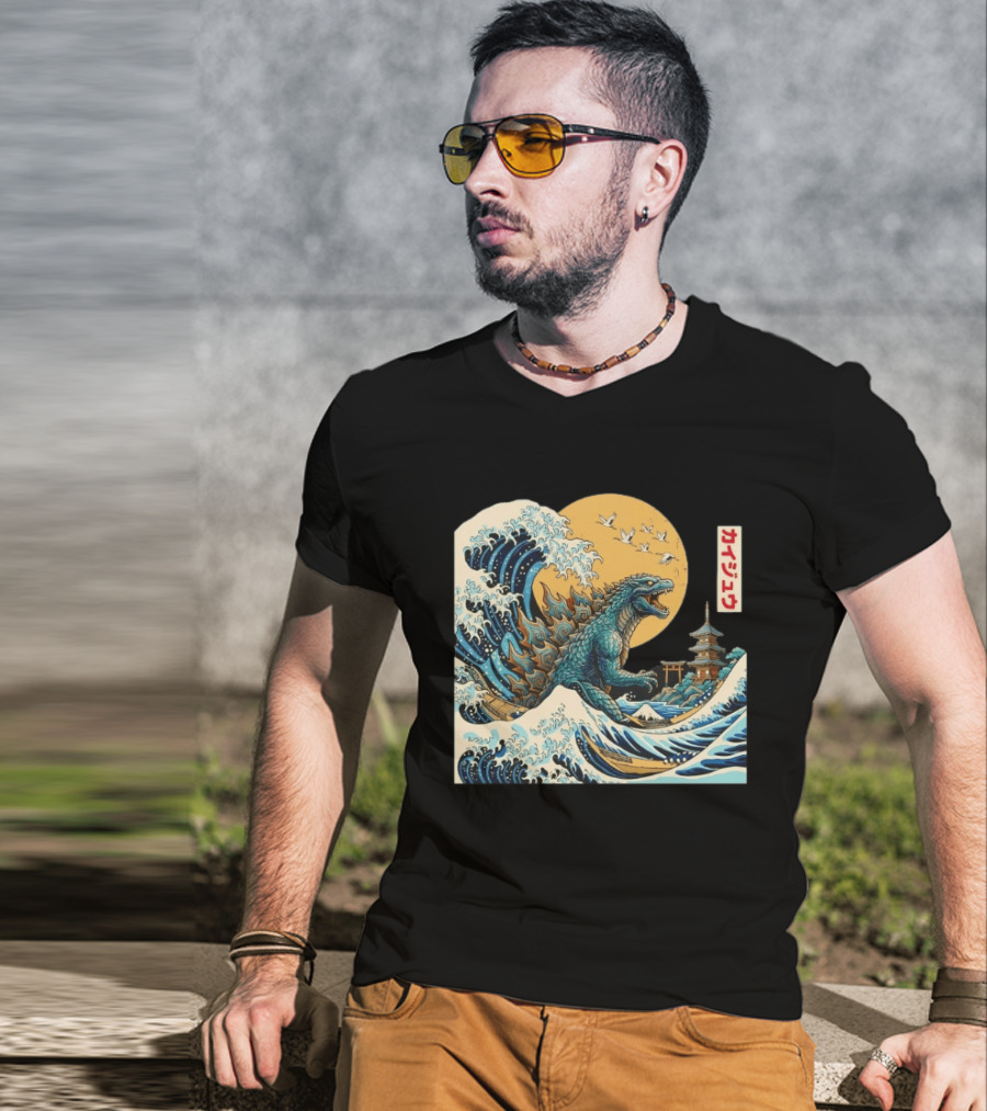 Kaiju Wave Monster Japanese Kawaki Kanji Pagoda Ukiyo E T-Shirt