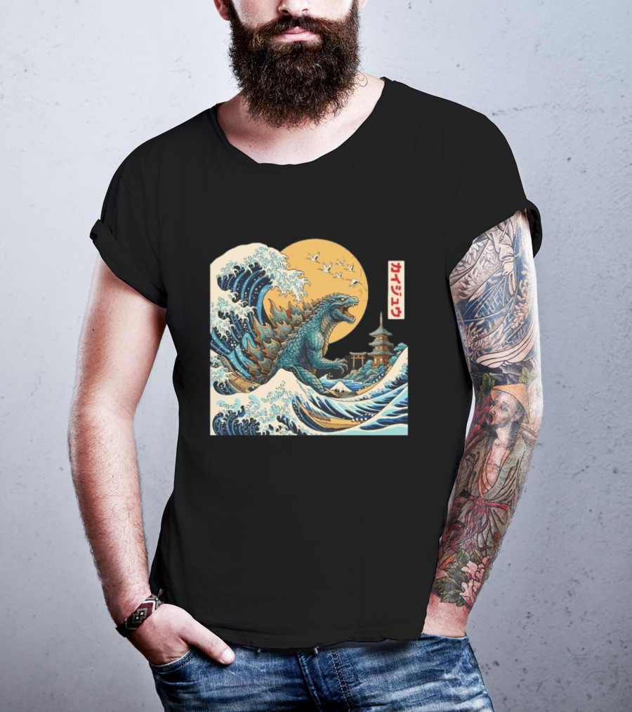 Kaiju Wave Monster Japanese Kawaki Kanji Pagoda Ukiyo E T-Shirt