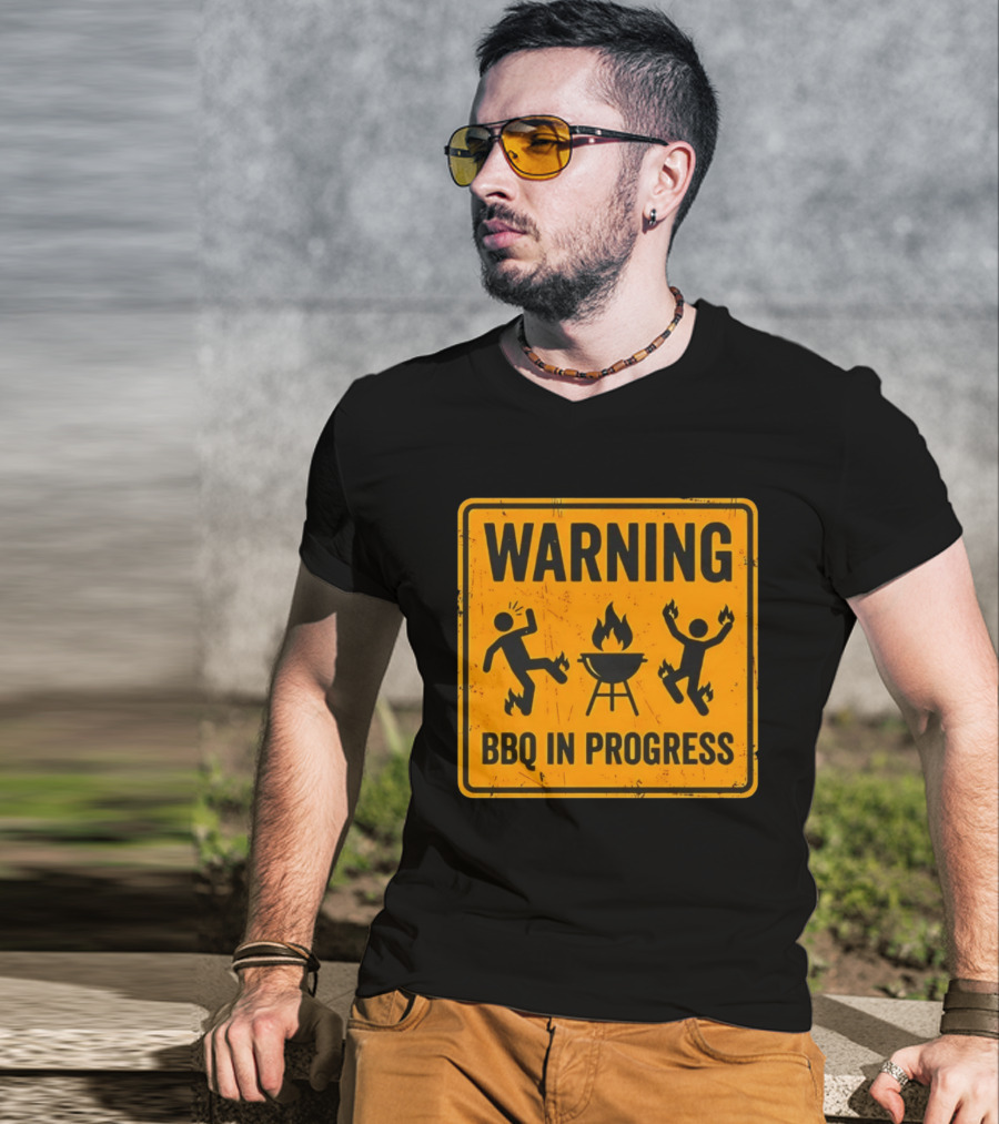 WARNING BBQ In Progress Funny Caution Sign With Flames T-Shirt